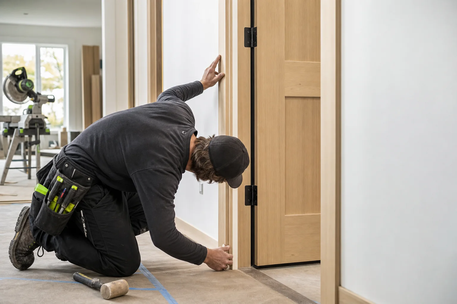 Finish carpenter installing a new interior door